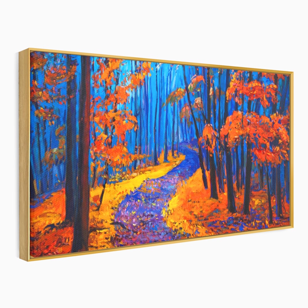 Tablou canvas cu pictura cu padure de toamna si poteca, in rama de aluminiu auriu